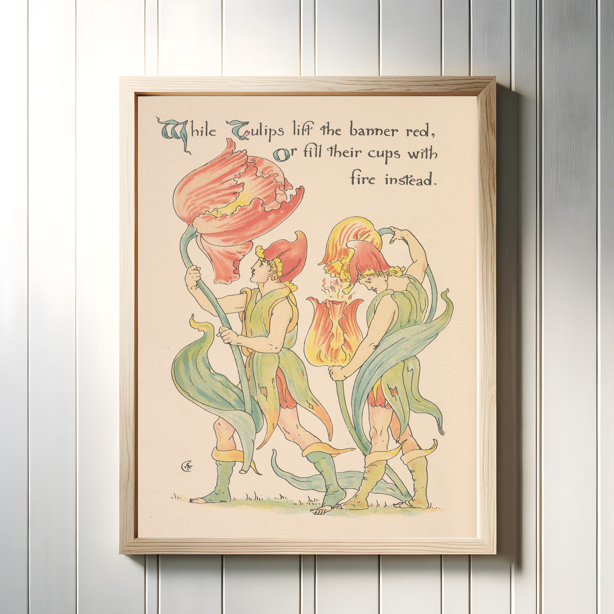 Framed art print of Flora's Feast: Tulips by Walter Crane, in a light wood frame on a white panelled wall