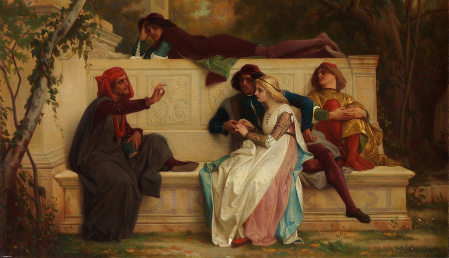 Alexandre Cabanel — Florentine Poet | Art Print shown to scale on a wall above a sofa