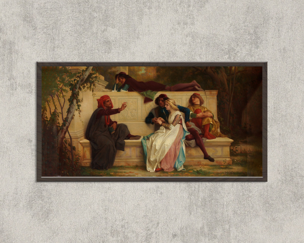 Framed art print of Florentine Poet by Alexandre Cabanel, in a wide black frame on a concrete wall