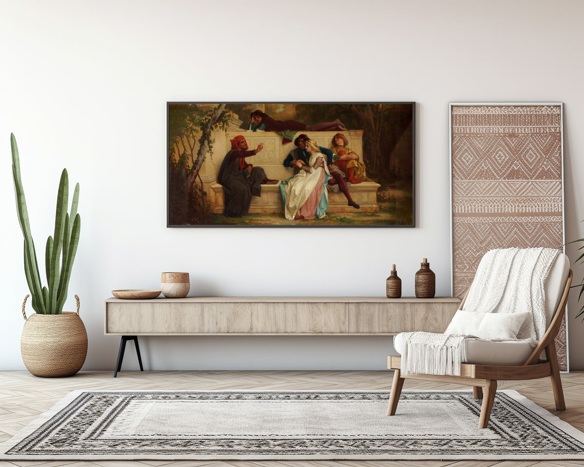 Framed art print of Florentine Poet by Alexandre Cabanel, above a sideboard in a living room