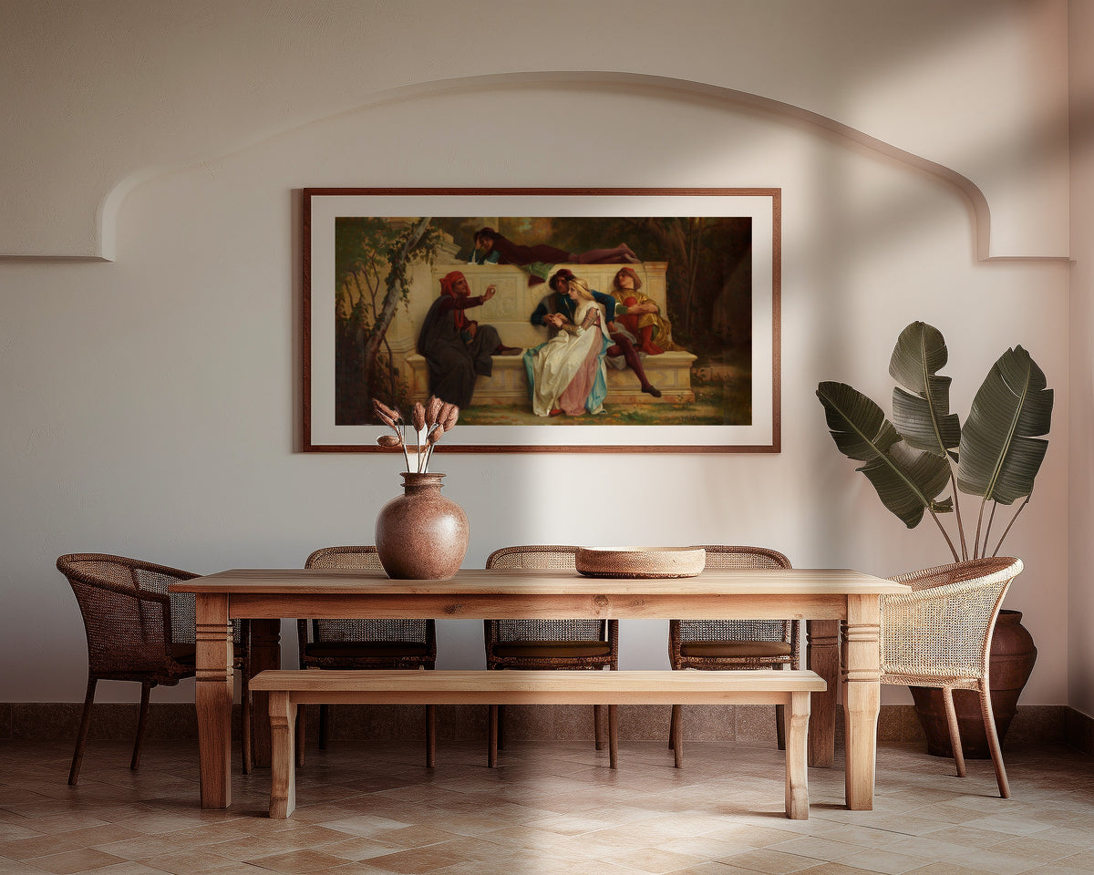 Framed art print of Florentine Poet by Alexandre Cabanel, above a wooden dining table