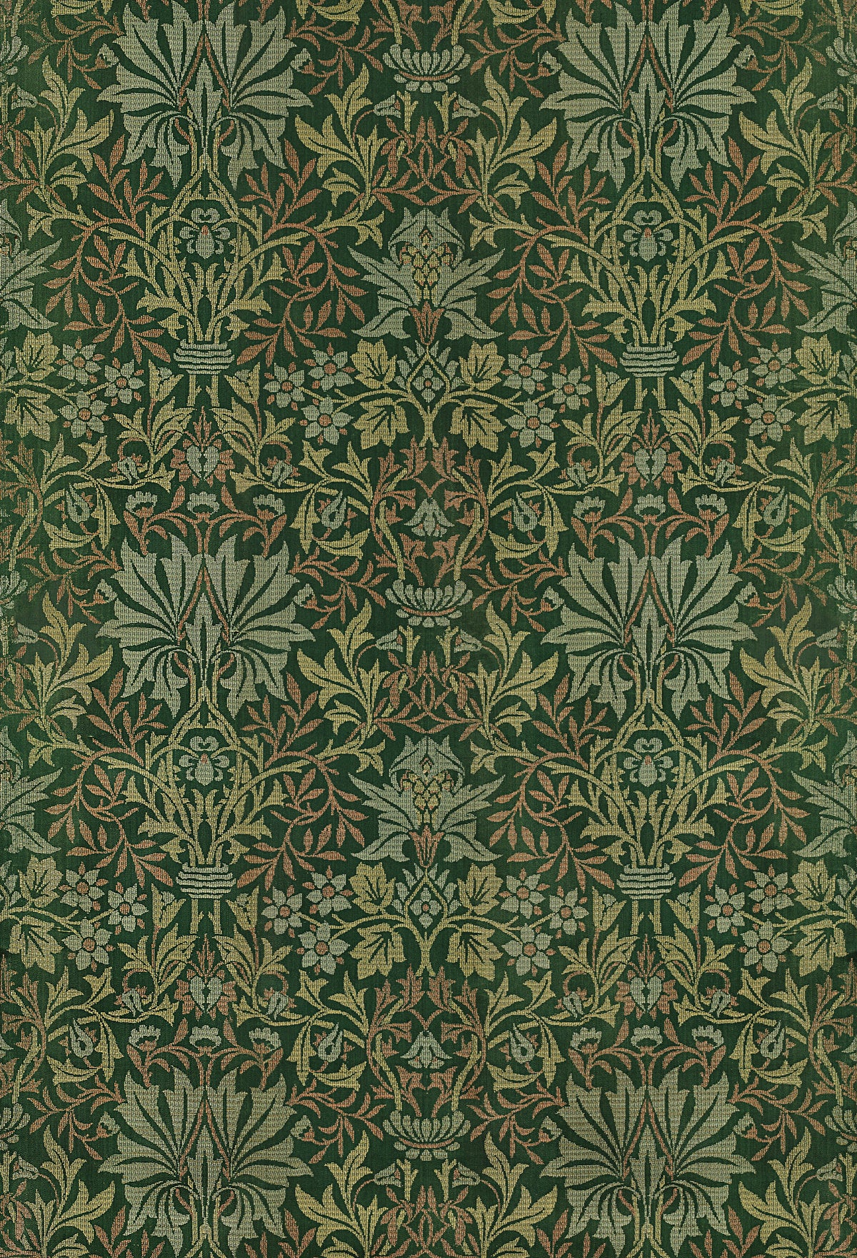 Flower Garden by William Morris — Sage and coral sprays on a deep green woven ground