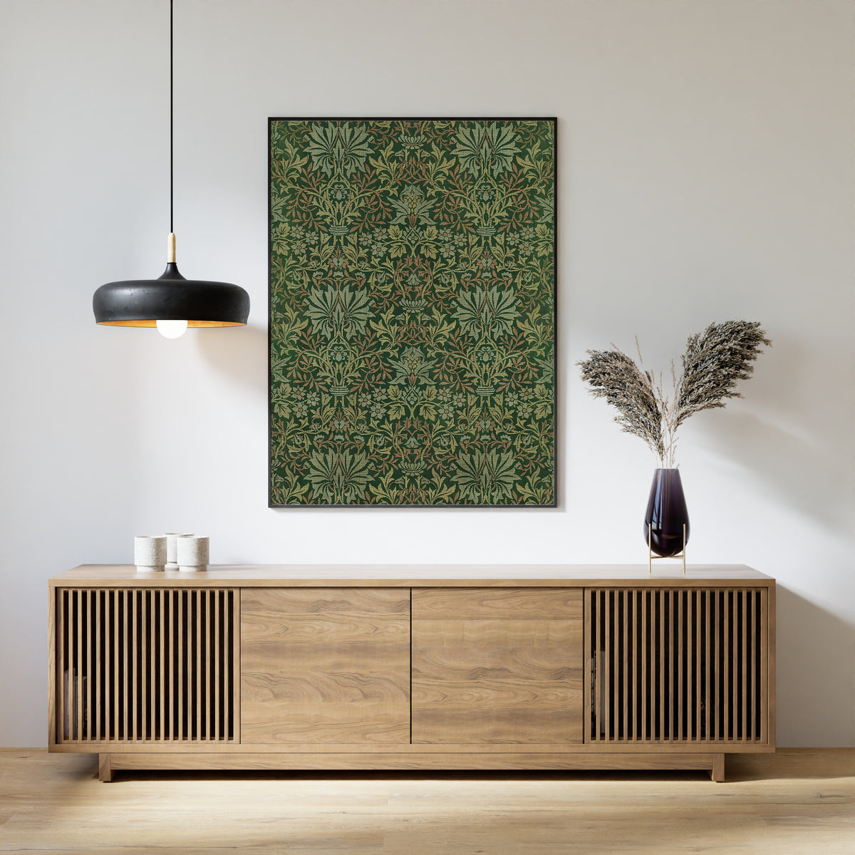 Framed art print of Flower Garden by William Morris, above a slatted wood sideboard