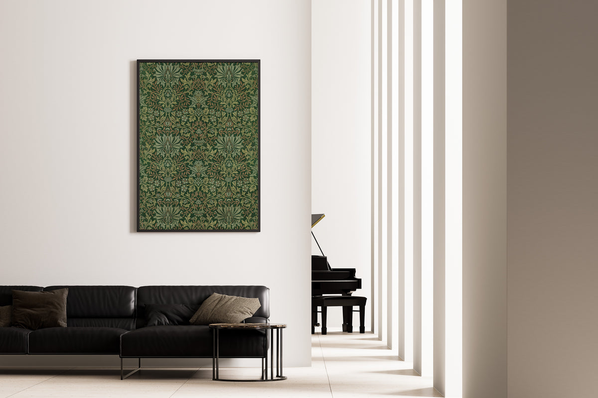 Framed art print of Flower Garden by William Morris, on the wall of a minimal living room
