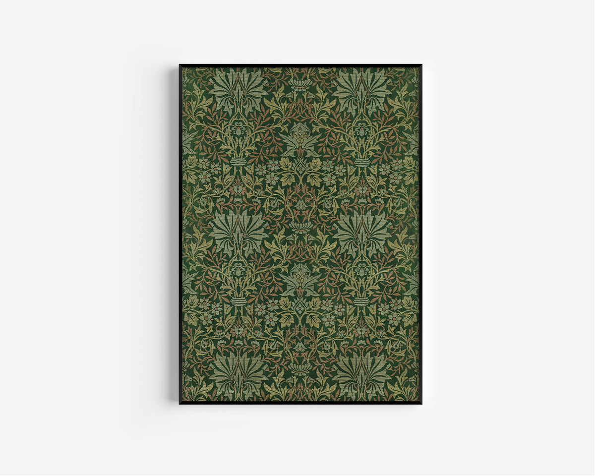 Framed art print of Flower Garden by William Morris, in a slim black frame on a plain white wall