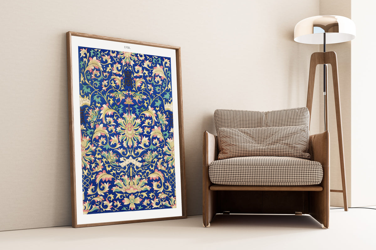 Example of Chinese Ornament, Plate 58 by Owen Jones — framed and leaning against a wall beside an armchair and a floor lamp