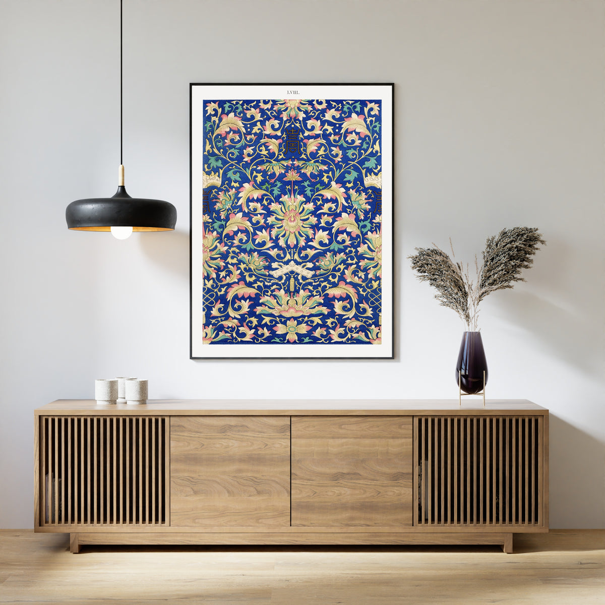 Example of Chinese Ornament, Plate 58 by Owen Jones — framed above a slatted wood sideboard