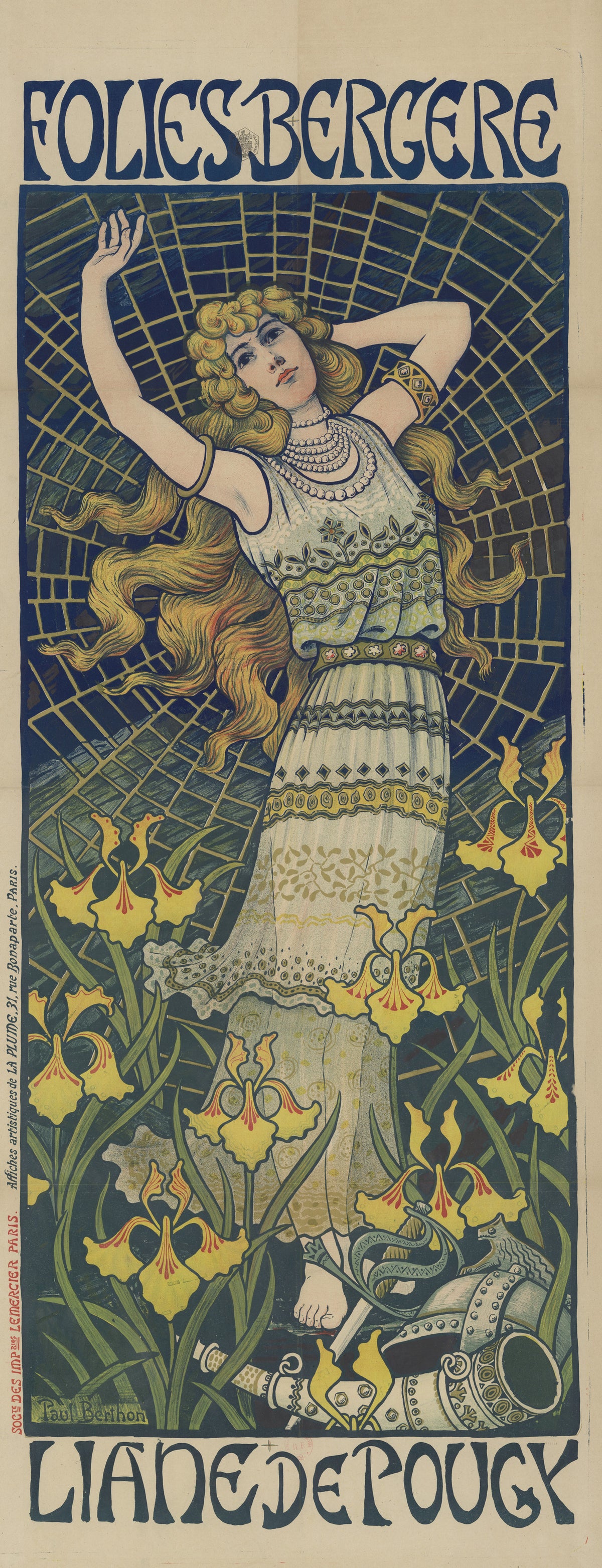 Folies Bergère: Liane de Pougy by Paul Berthon — A golden-haired dancer reaches overhead among yellow irises