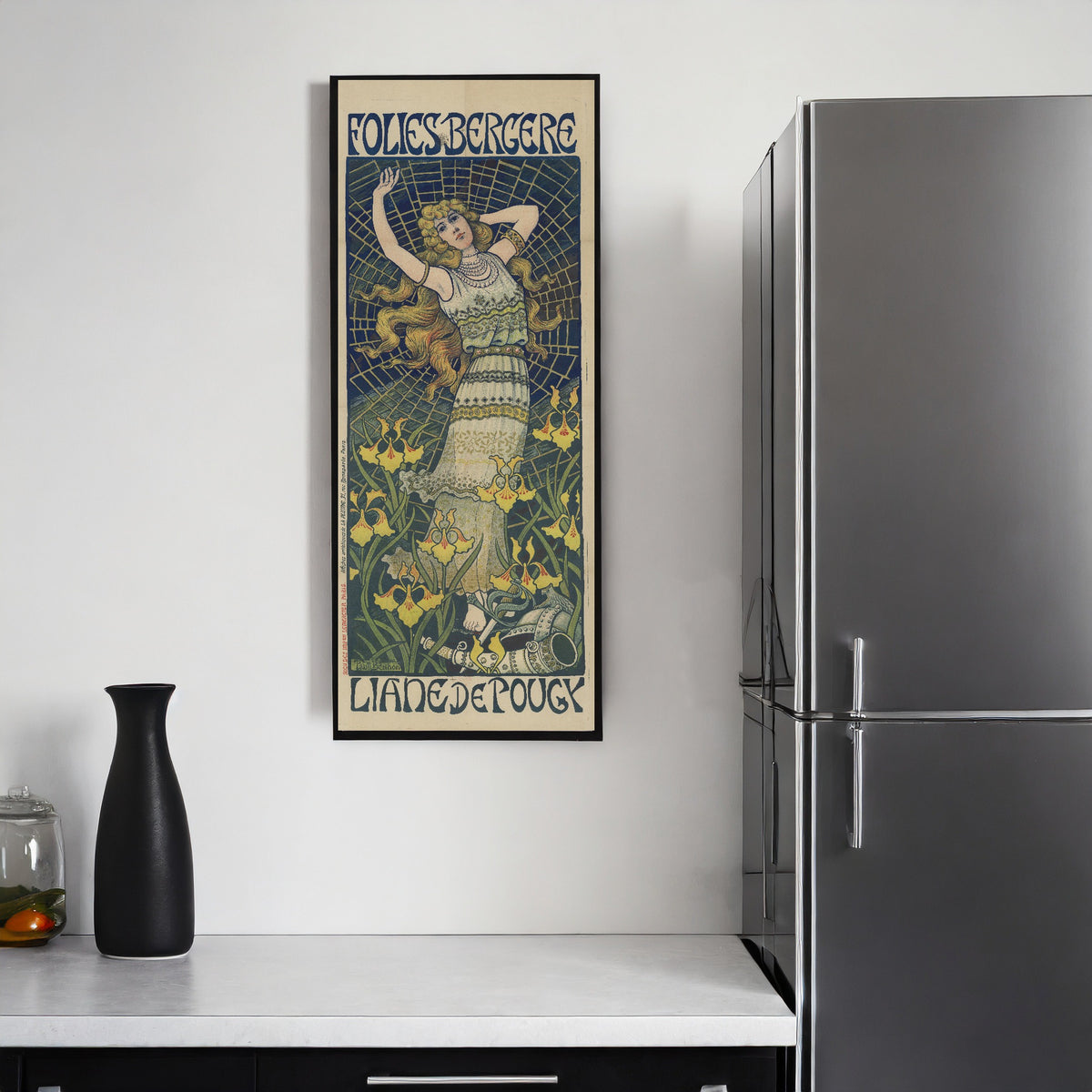 Framed art print of Folies Bergère: Liane de Pougy by Paul Berthon, on a kitchen wall