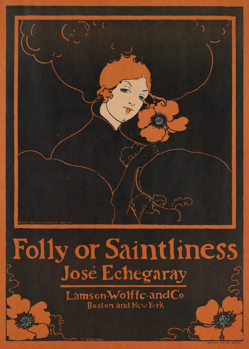 Folly or Saintliness by José Echegaray by Ethel Reed — A woman with orange hair lifts a poppy against a black ground