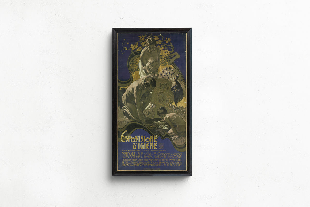 Framed art print of Fons Vitae: Esposizione d'Igiene, Napoli by Adolfo Hohenstein, in a slim black frame on a plain white wall