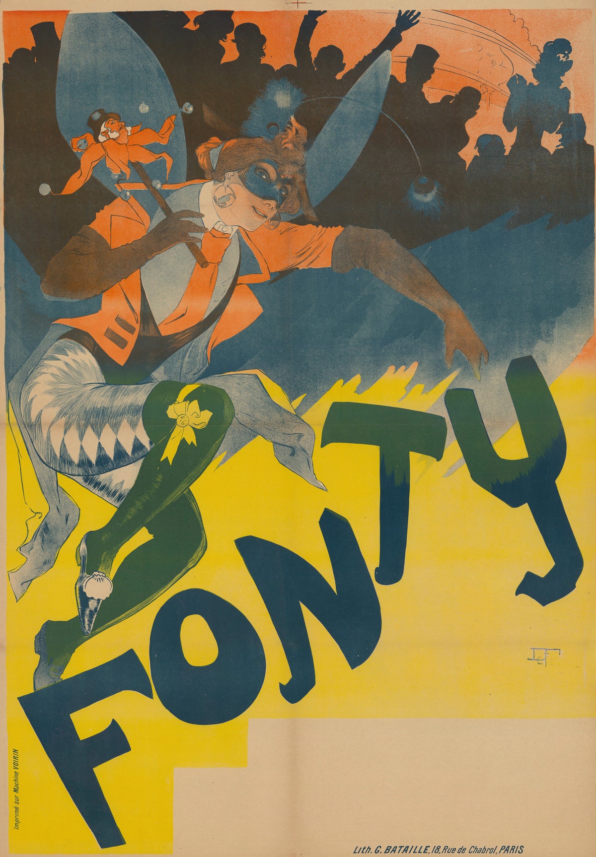 Fonty by Georges de Feure — A masked woman strides past a silhouetted crowd under big letters