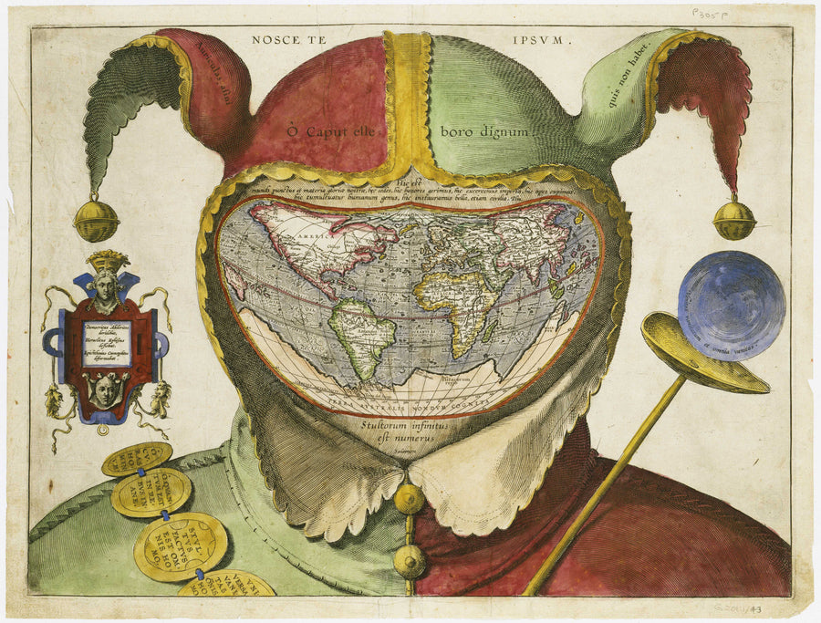 Fool's Cap Map of the World | Hand-Coloured Engraved World Map Print shown to scale on a wall above a sofa