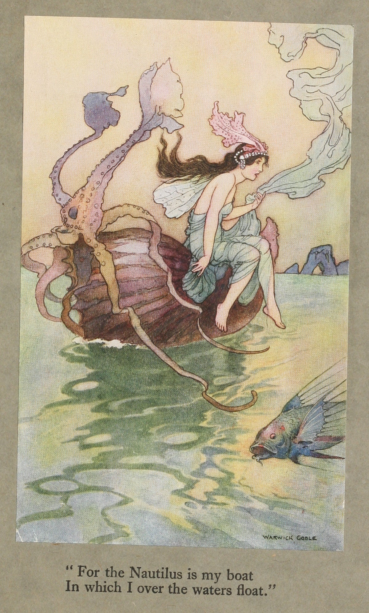 For the Nautilus is my boat in which I over the waters float. by Warwick Goble — A winged girl rides a nautilus shell across calm green water
