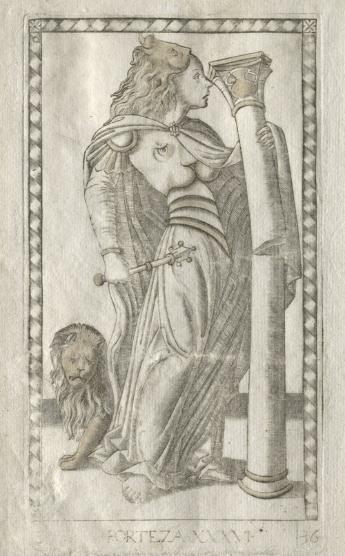 Forteza (from the Tarocchi, Series B: Cosmic Principles & Virtues, no. 36) by Master of the E-Series Tarocchi — Fortitude in a lion's-head hood breaks a