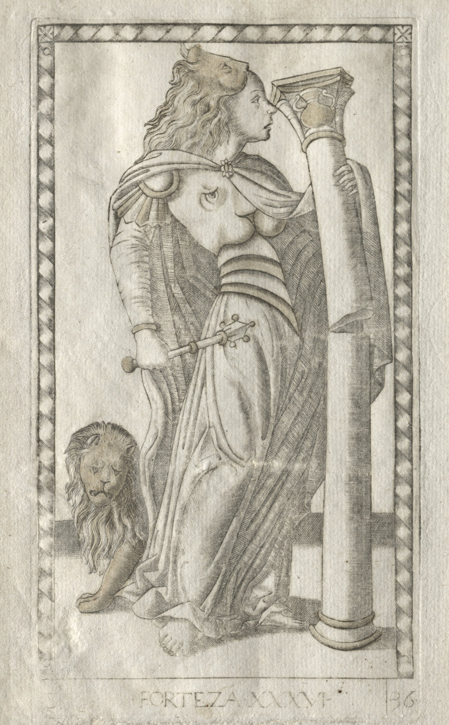 Master of the E-Series Tarocchi — Forteza (from the Tarocchi, Series B: Cosmic Principles & Virtues, no. 36) | Esoteric Art Print shown to scale on a wall above a sofa