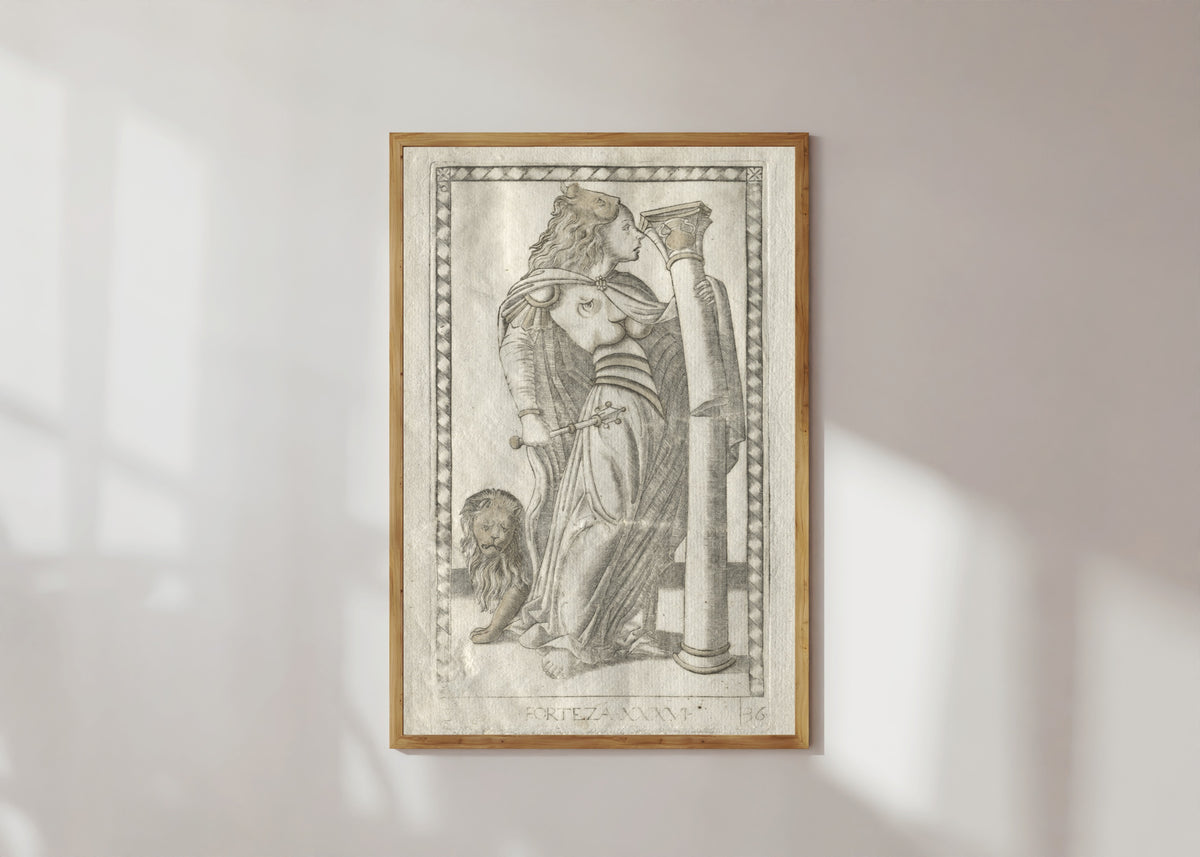 Framed art print of Forteza (from the Tarocchi, Series B: Cosmic Principles &… by Master of the E-Series Tarocchi, in a light wood frame on a sunlit white wall