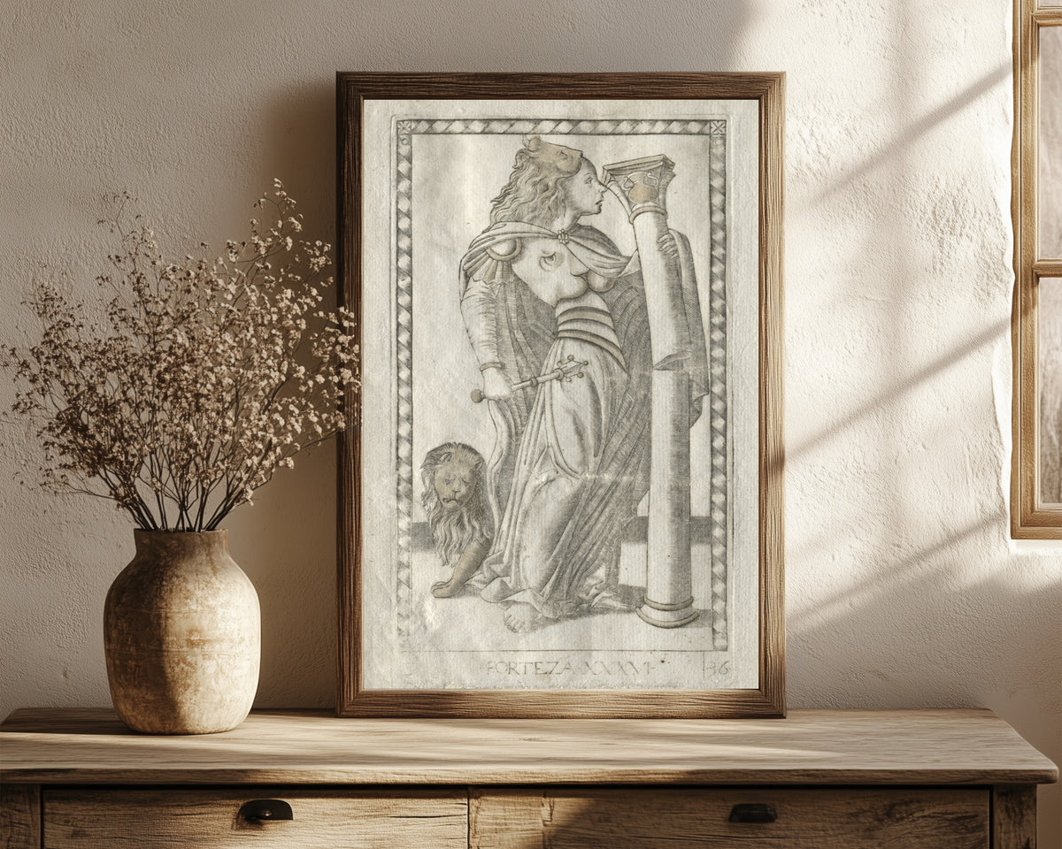 Framed art print of Forteza (from the Tarocchi… by Master of the E-Series Tarocchi, in a dark wood frame leaning on a rustic console beside dried flowers