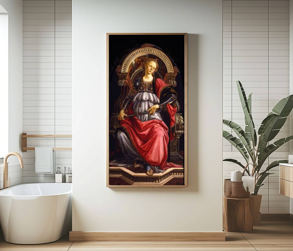 Framed art print of Fortitude by Sandro Botticelli, in a bathroom beside a freestanding tub