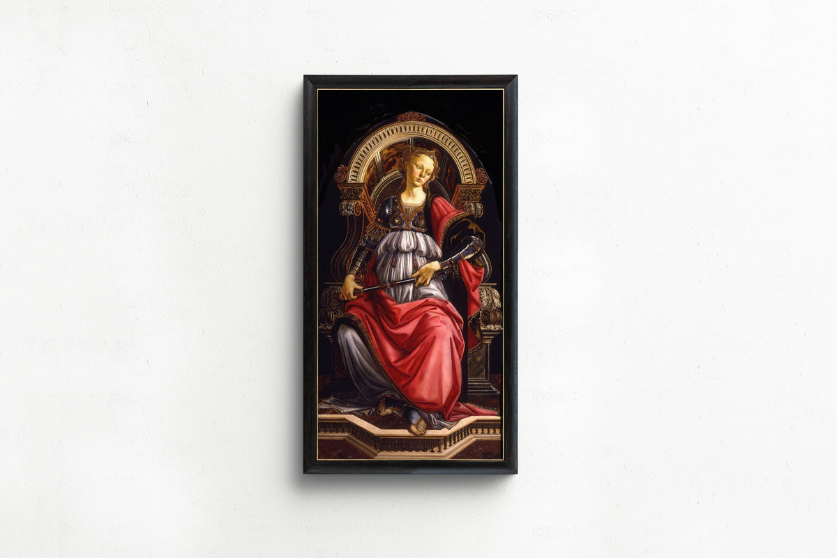 Framed art print of Fortitude by Sandro Botticelli, in a slim black frame on a plain white wall
