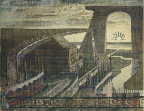 Fortress by Mikalojus Konstantinas Čiurlionis — Stone ramparts climb toward a great arch framing a half sun