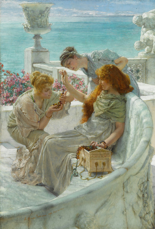Fortune's Favourite by Lawrence Alma-Tadema — Three women admire amber beads from a carved casket on a seaside bench
