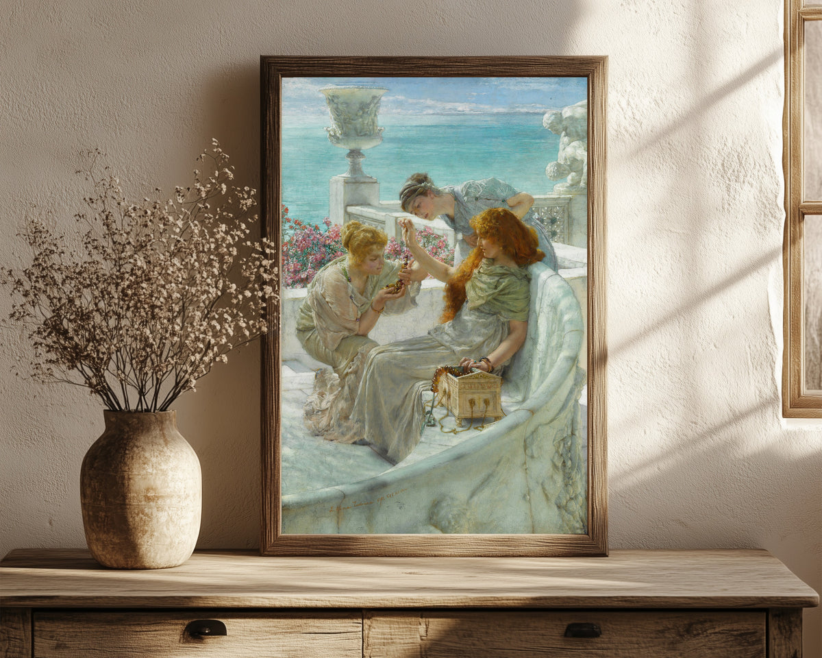Framed art print of Fortune's Favourite by Lawrence Alma-Tadema, in a dark wood frame leaning on a rustic console beside dried flowers