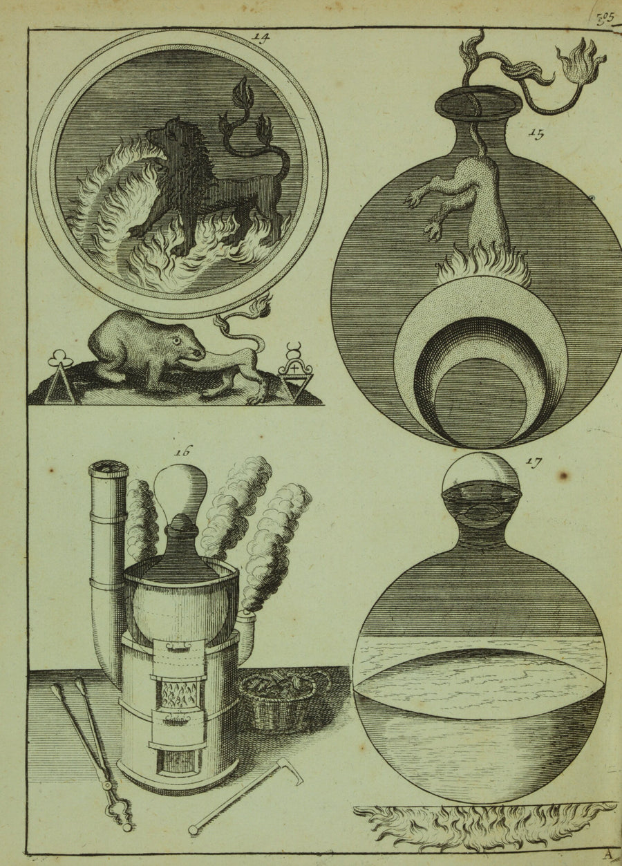 Johann Conrad Barchusen — Four Alchemical Vessels (Elementa Chemiae, Plate 505) | Alchemical Engraving Print shown to scale on a wall above a sofa