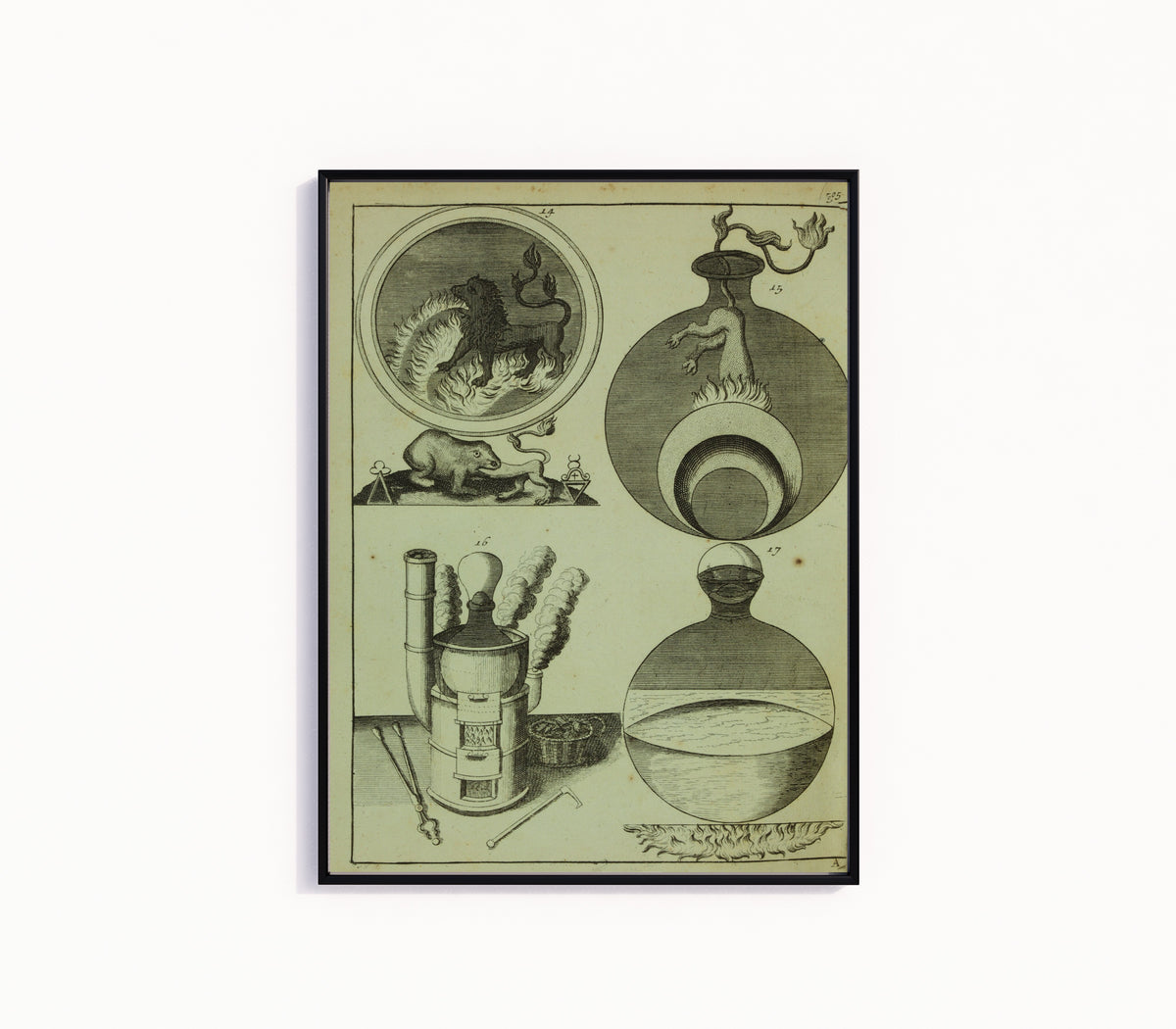 Framed art print of Four Alchemical Vessels (Elementa Chemiae, Plate 505) by Johann Conrad Barchusen, in a slim black frame on a plain white wall