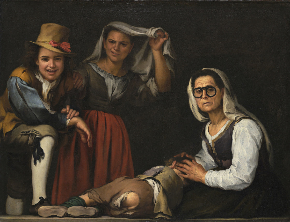 Four Figures on a Step by Bartolomé Esteban Murillo — A grinning youth, a veiled woman and an old woman with a sleeping boy