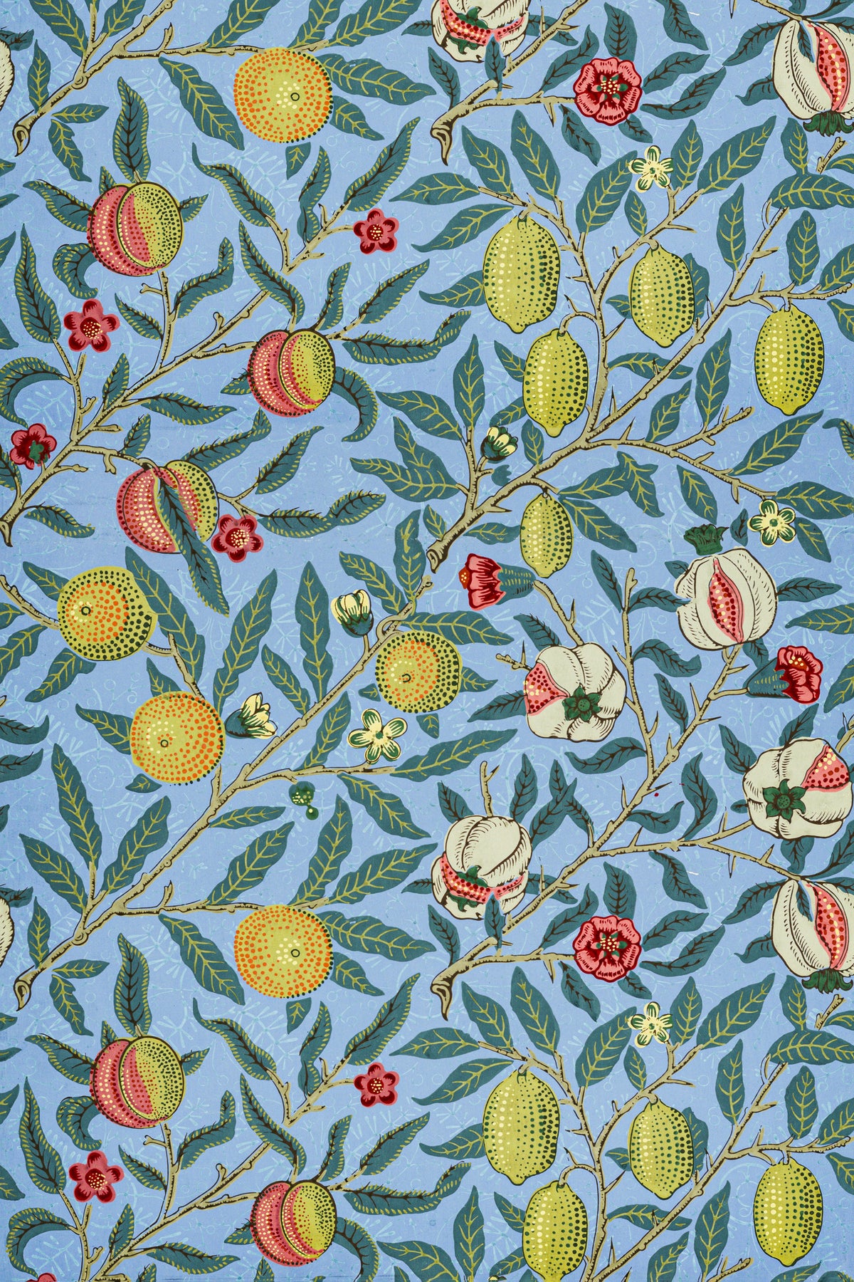 Four Fruits by William Morris — Dotted fruit and teal leaves on a pale blue ground