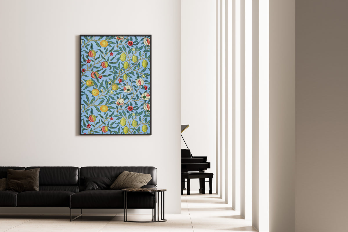 Framed art print of Four Fruits by William Morris, on the wall of a minimal living room