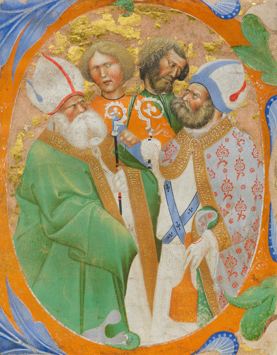 Master of the Murano Gradual — Four Saints in an Initial O | Illuminated Initial Print shown to scale on a wall above a sofa
