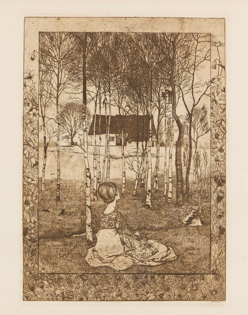 Frühling by Heinrich Vogeler — A young woman sits in a birch grove before a thatched farmhouse