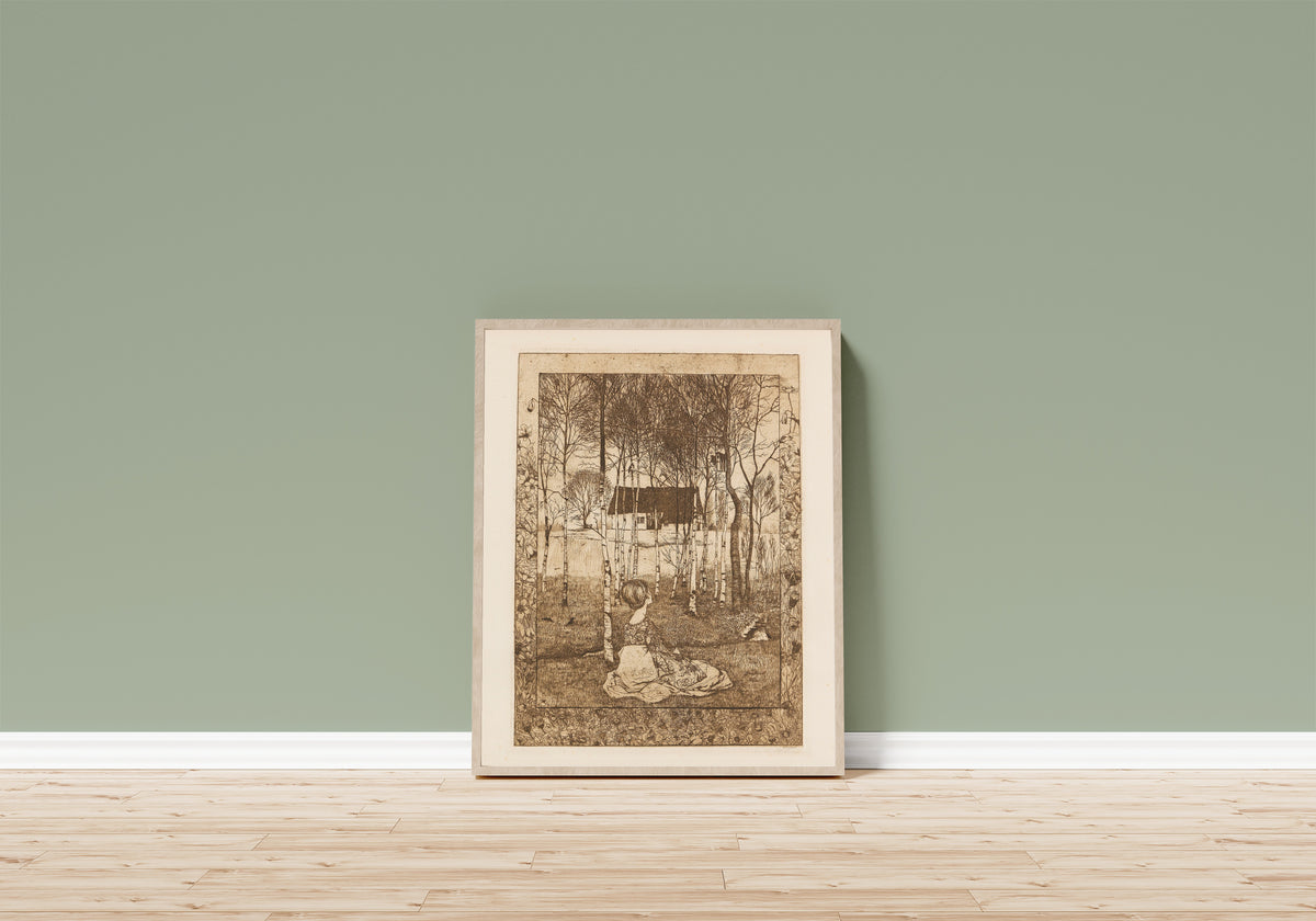 Framed art print of Frühling by Heinrich Vogeler, in a light wood frame leaning on a sage green wall above a wooden floor