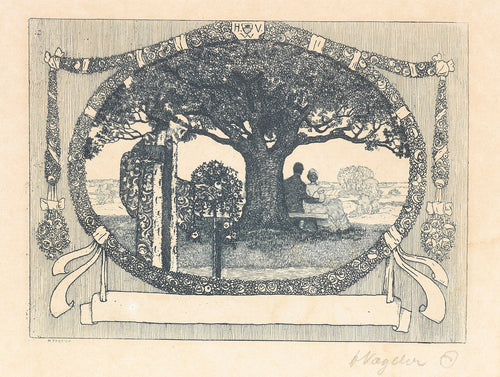 Frühlingsabend by Heinrich Vogeler — A couple on a bench under a great tree in an oval of roses