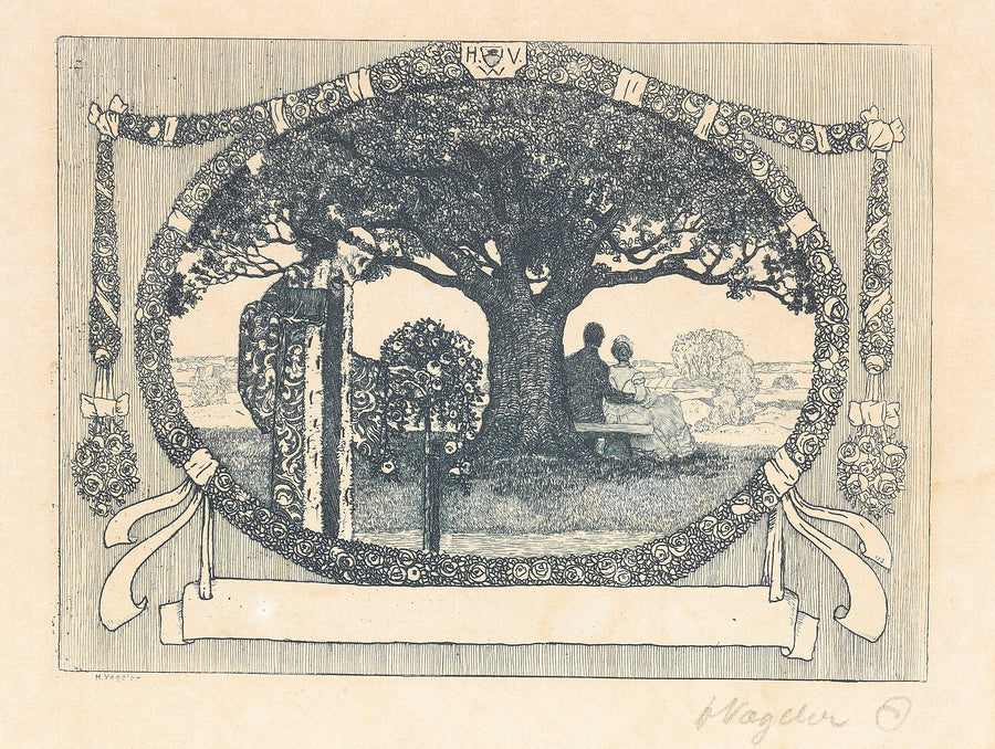 Heinrich Vogeler — Frühlingsabend | Art Nouveau Print shown to scale on a wall above a sofa