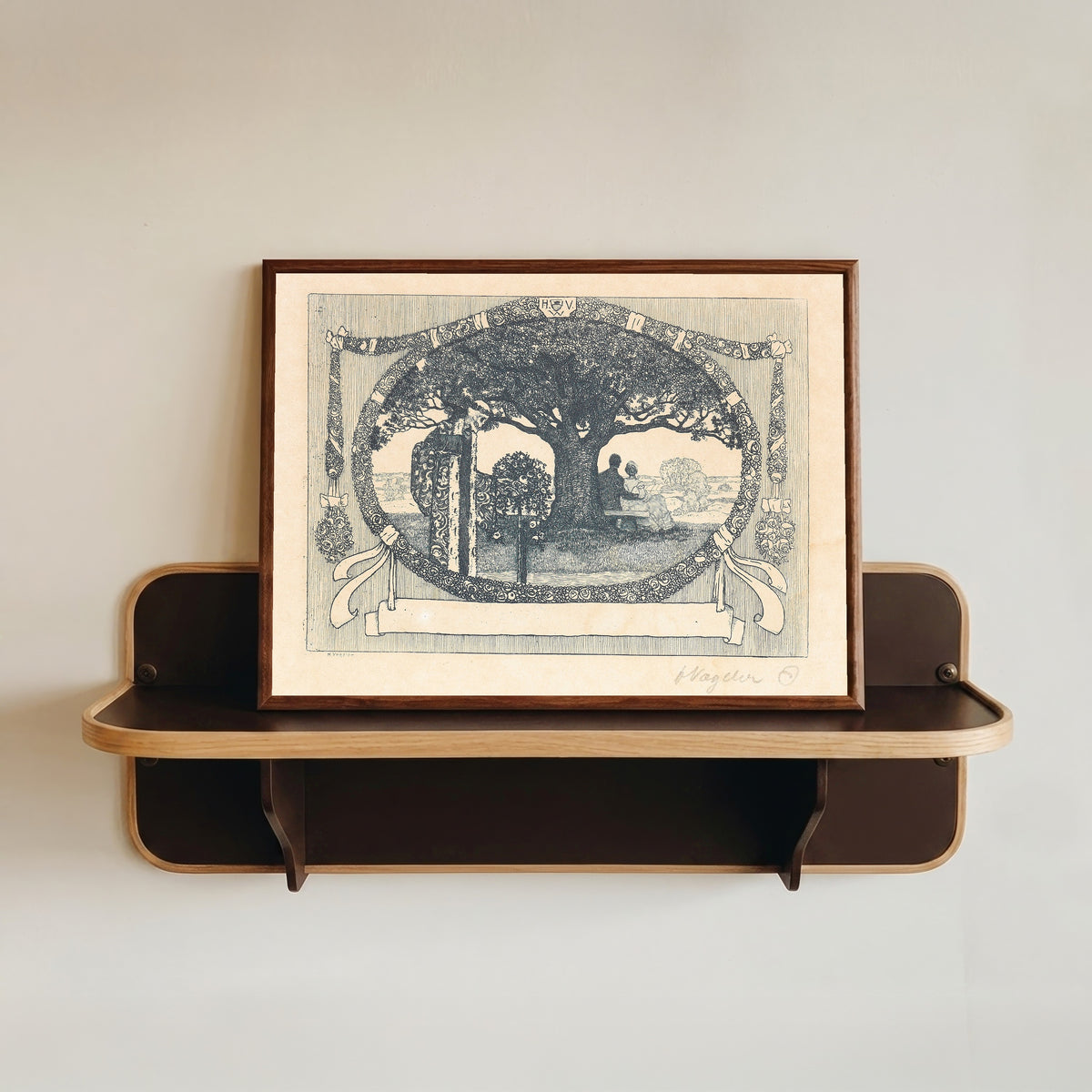 Framed art print of Frühlingsabend by Heinrich Vogeler, in a dark wood frame resting on a wall shelf