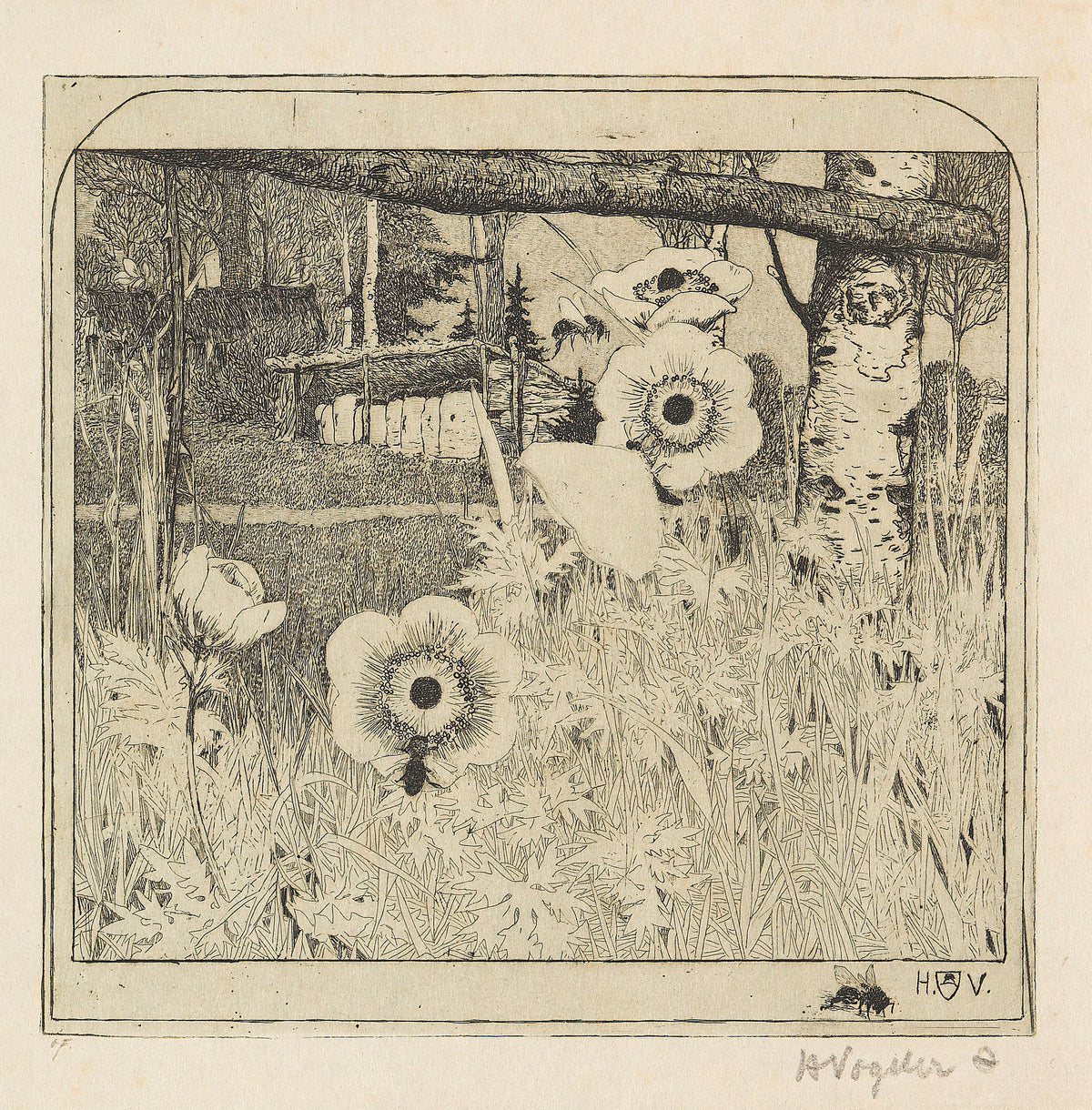 Frühlingsblumen by Heinrich Vogeler — White anemones and bumblebees before a row of straw hives