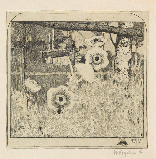 Frühlingsblumen by Heinrich Vogeler — White anemones and bumblebees before a row of straw hives