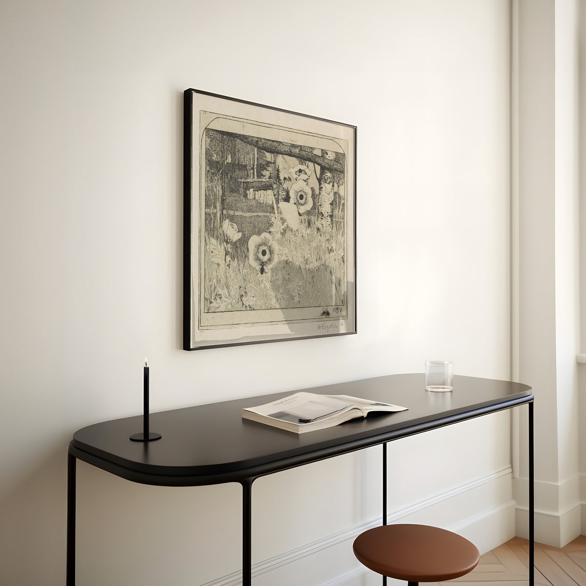Framed art print of Frühlingsblumen by Heinrich Vogeler, above a slim black console table