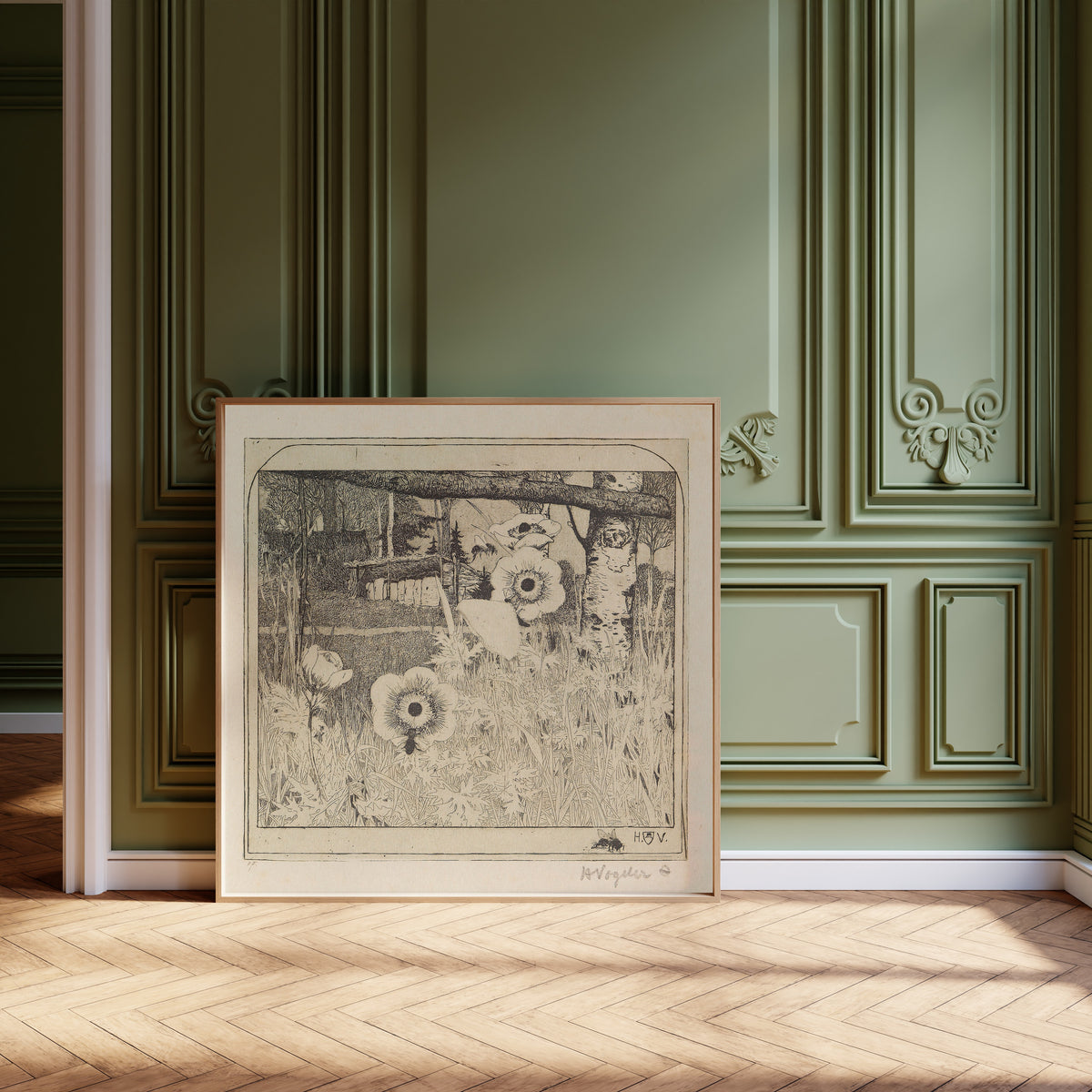Framed art print of Frühlingsblumen by Heinrich Vogeler, leaning against olive-green panelling on a herringbone floor