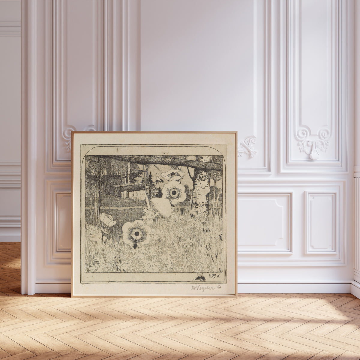 Framed art print of Frühlingsblumen by Heinrich Vogeler, leaning against pale pink panelling on a herringbone floor