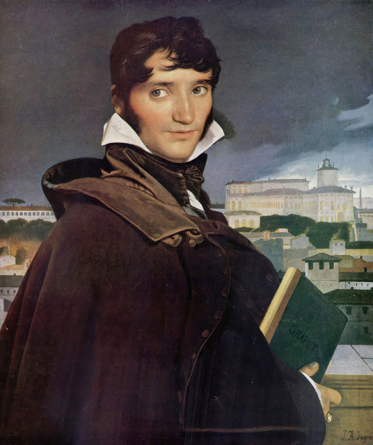 François-Marius Granet by Jean-Auguste-Dominique Ingres — A painter in a brown cloak before a stormy city skyline
