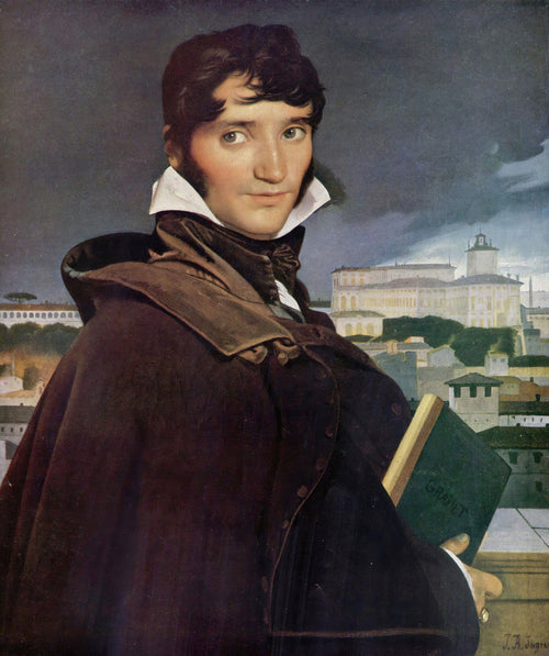 François-Marius Granet by Jean-Auguste-Dominique Ingres — A painter in a brown cloak before a stormy city skyline