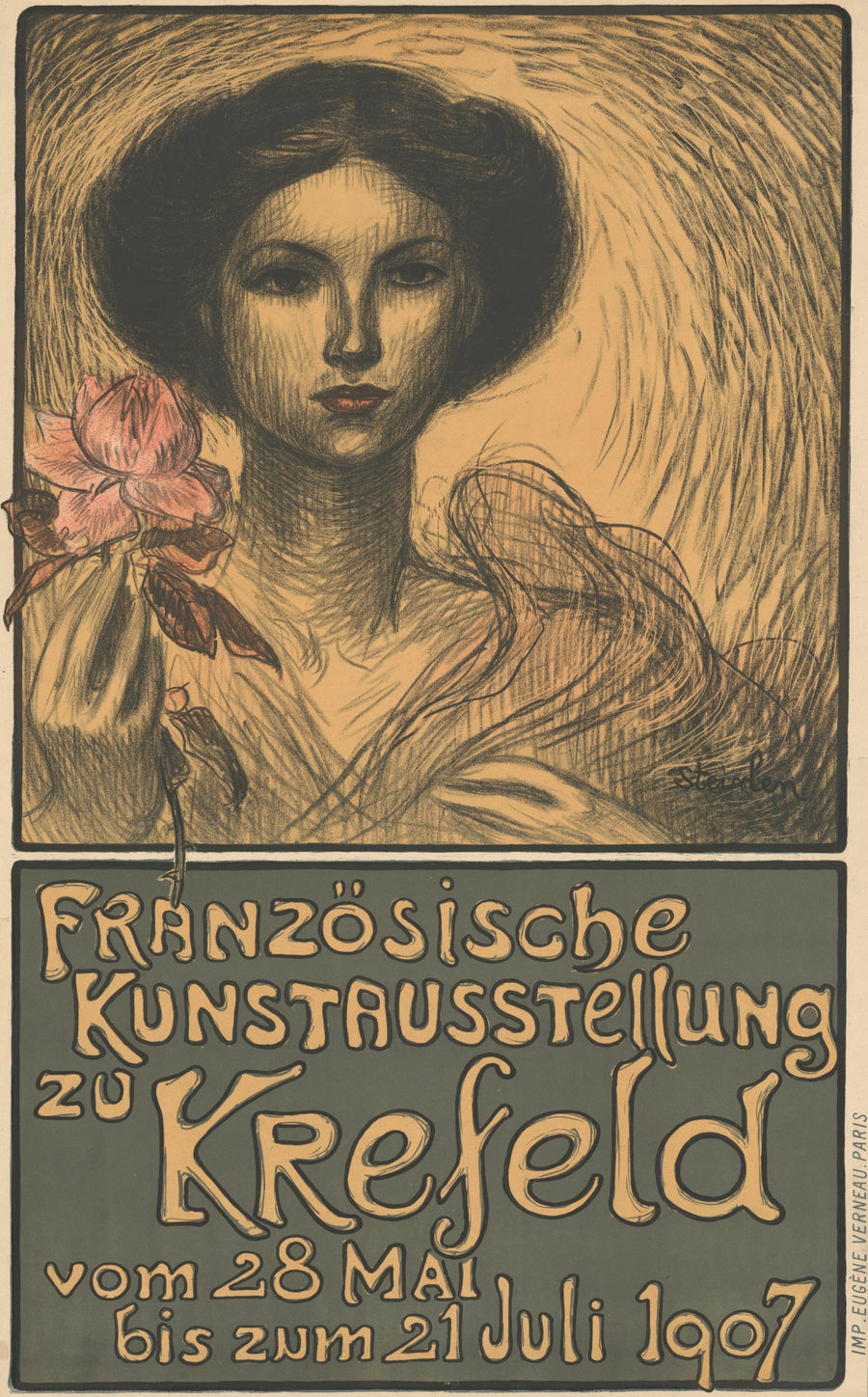 Théophile Steinlen — Französische Kunstausstellung zu Krefeld | Vintage Poster Print shown to scale on a wall above a sofa