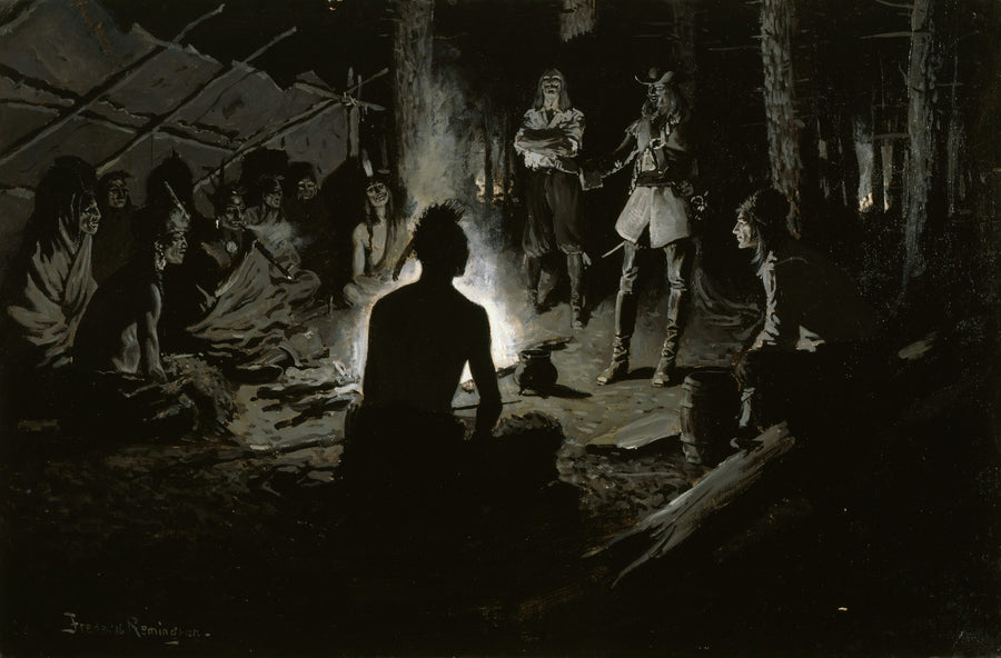 Frederic Remington — French Explorer's Council with the Indians | Western Art Print shown to scale on a wall above a sofa