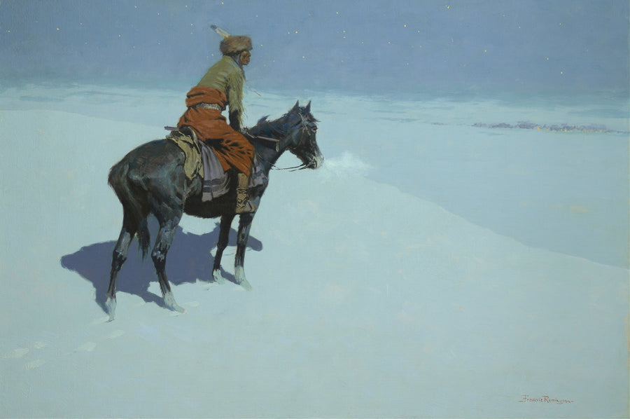 Frederic Remington — Friends or Foes? (The Scout) | Western Art Print shown to scale on a wall above a sofa