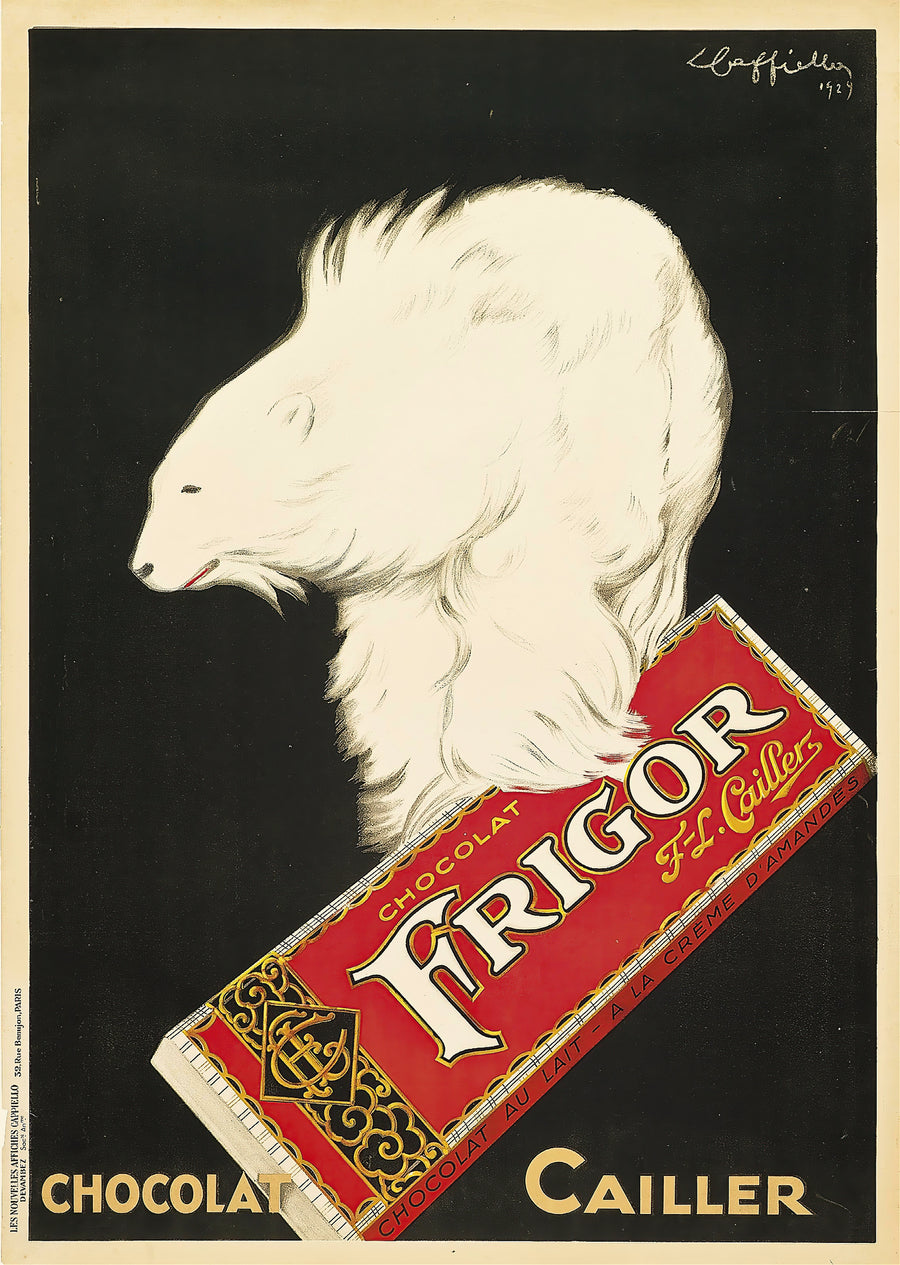 Leonetto Cappiello — Frigor, Chocolat Cailler | Vintage Poster Print shown to scale on a wall above a sofa