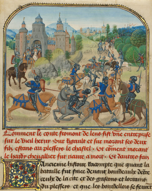 Loyset Liédet and Pol Fruit — Fromont de Lens Leaving Bordeaux and the Battle against the Army of Gasgogne | Illuminated Manuscript Print